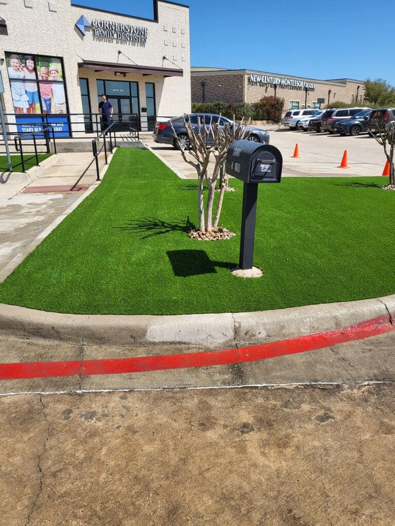 Cornerstone Family Dentistry in Garland, TX featuring new turf in parking islands