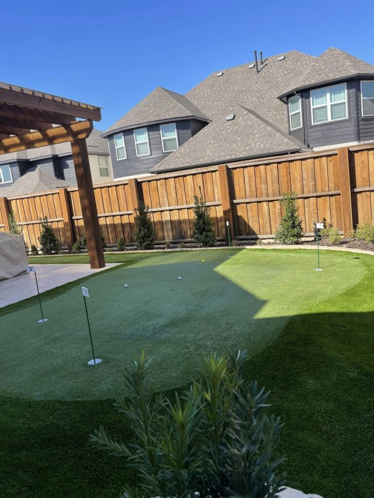 4-hold putting green wraps around seating area in Prosper,TX