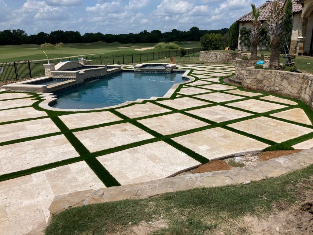 Modern turf strips around pool in Brock TX